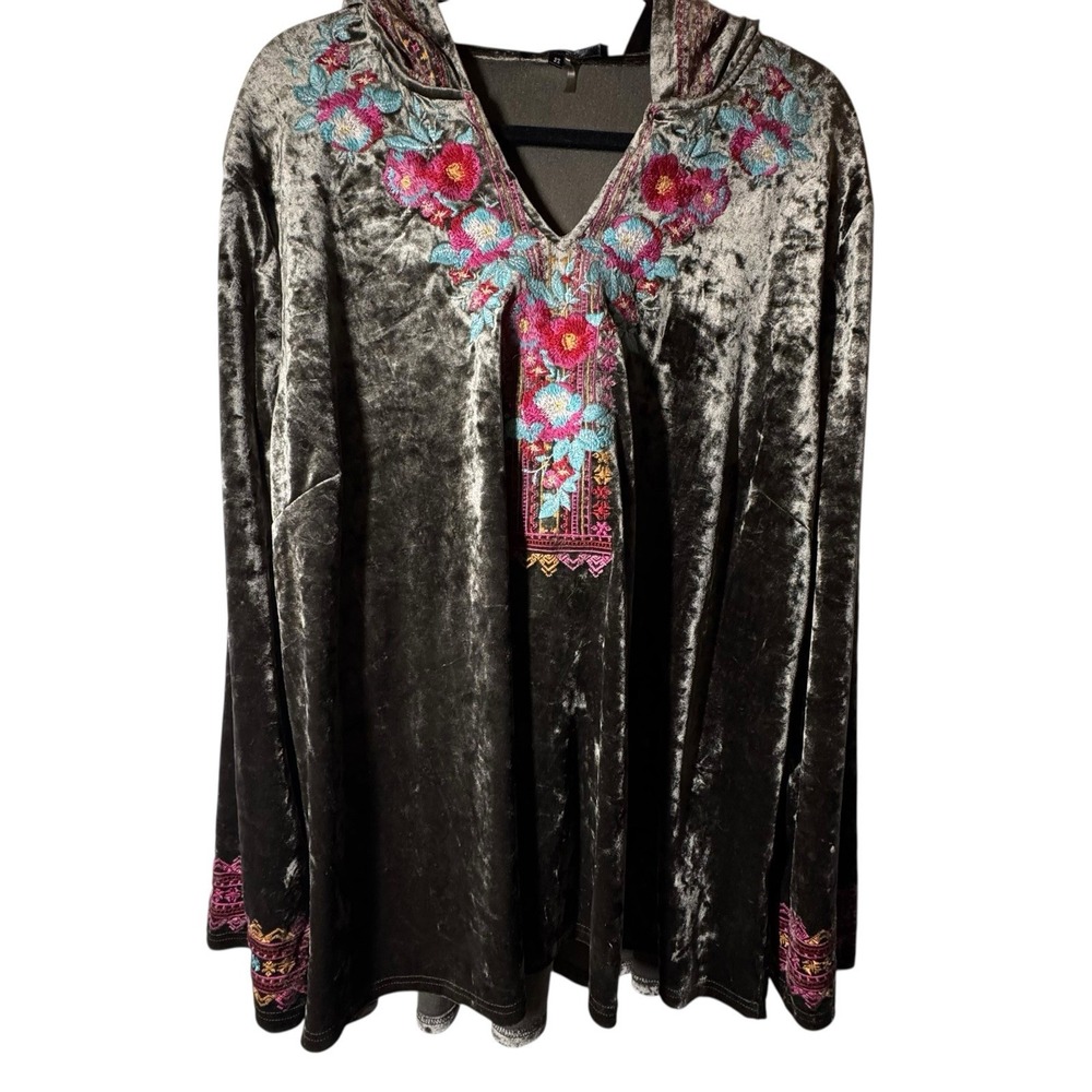 Andree By Unit Tunic 3X Gray Velour Floral Embroidery Hood Boho‎ Hippie